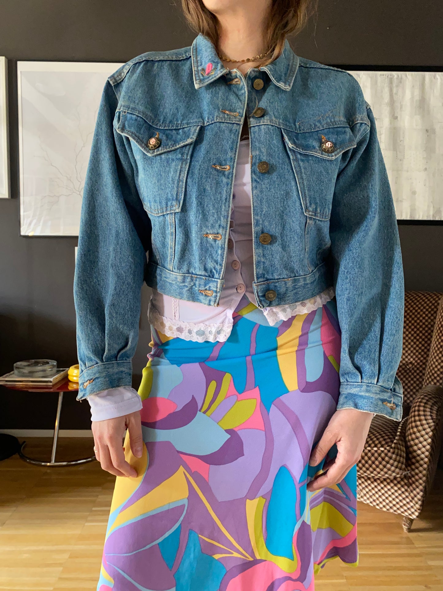 Giacca denim anni 80 crop con ricami