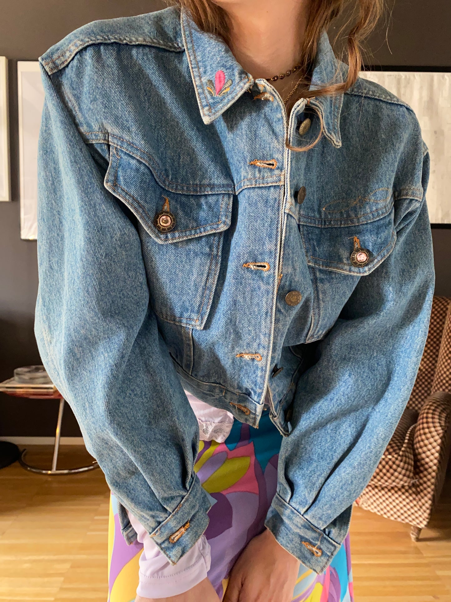 Giacca denim anni 80 crop con ricami