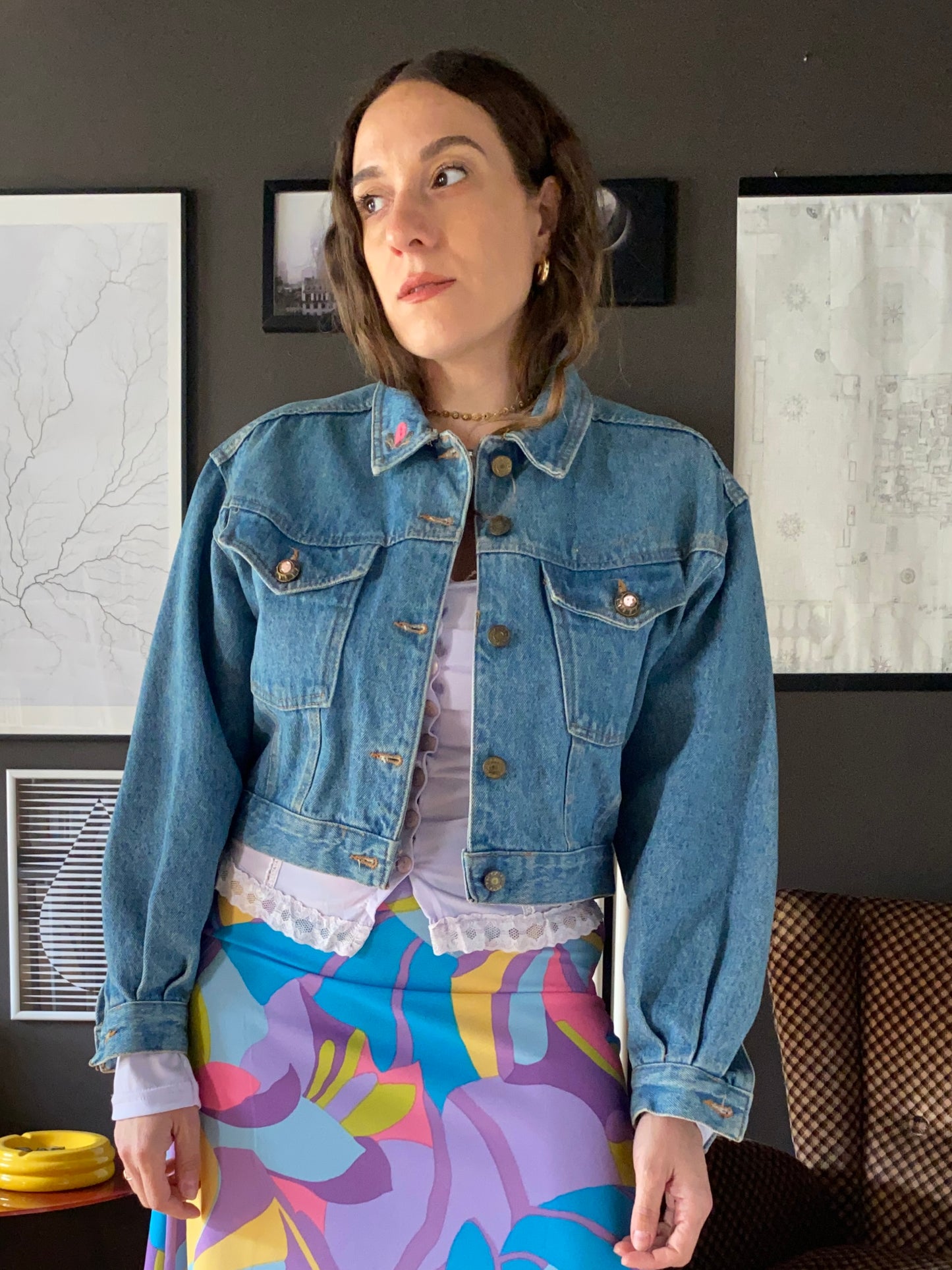 Giacca denim anni 80 crop con ricami