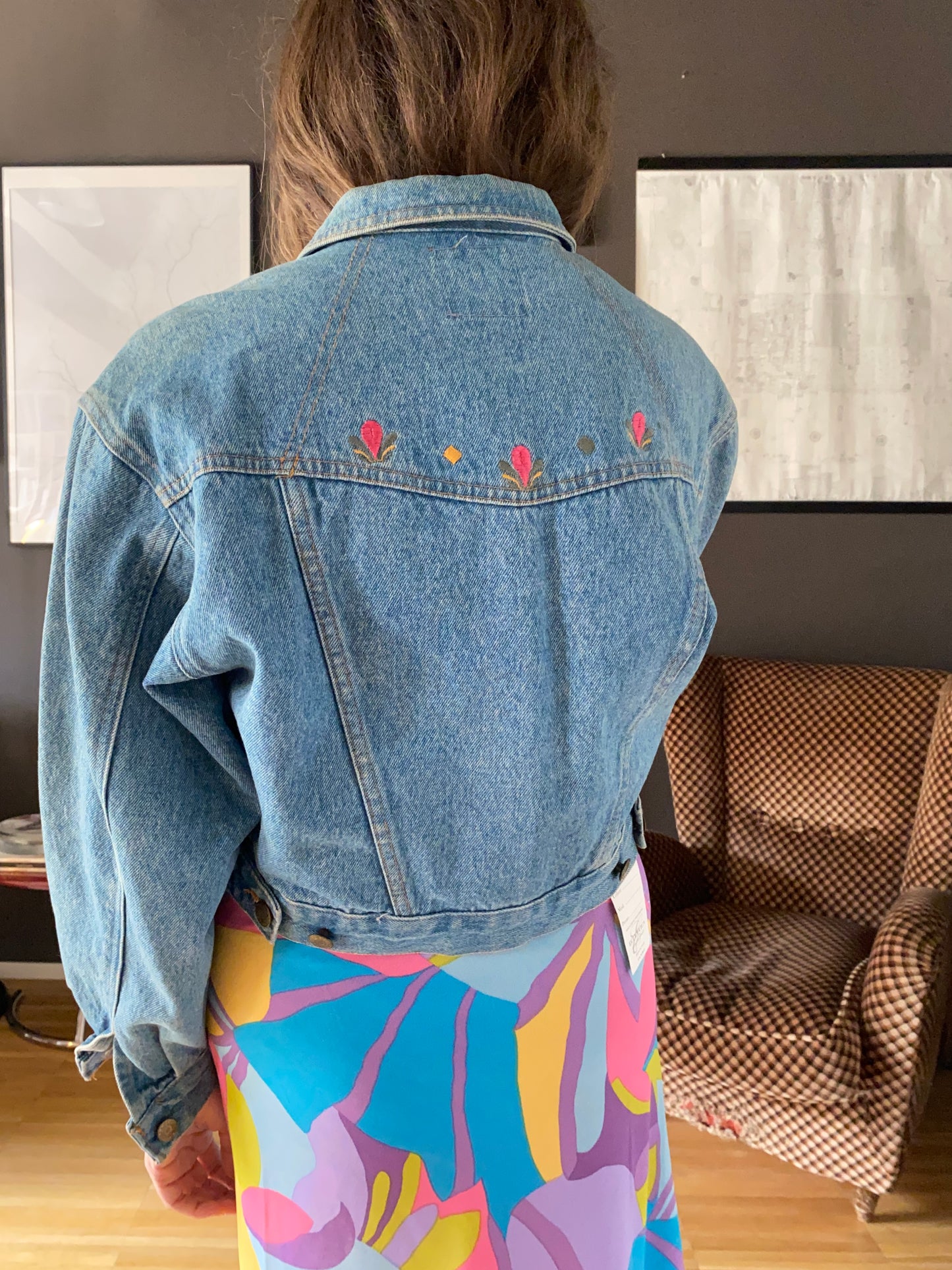 Giacca denim anni 80 crop con ricami