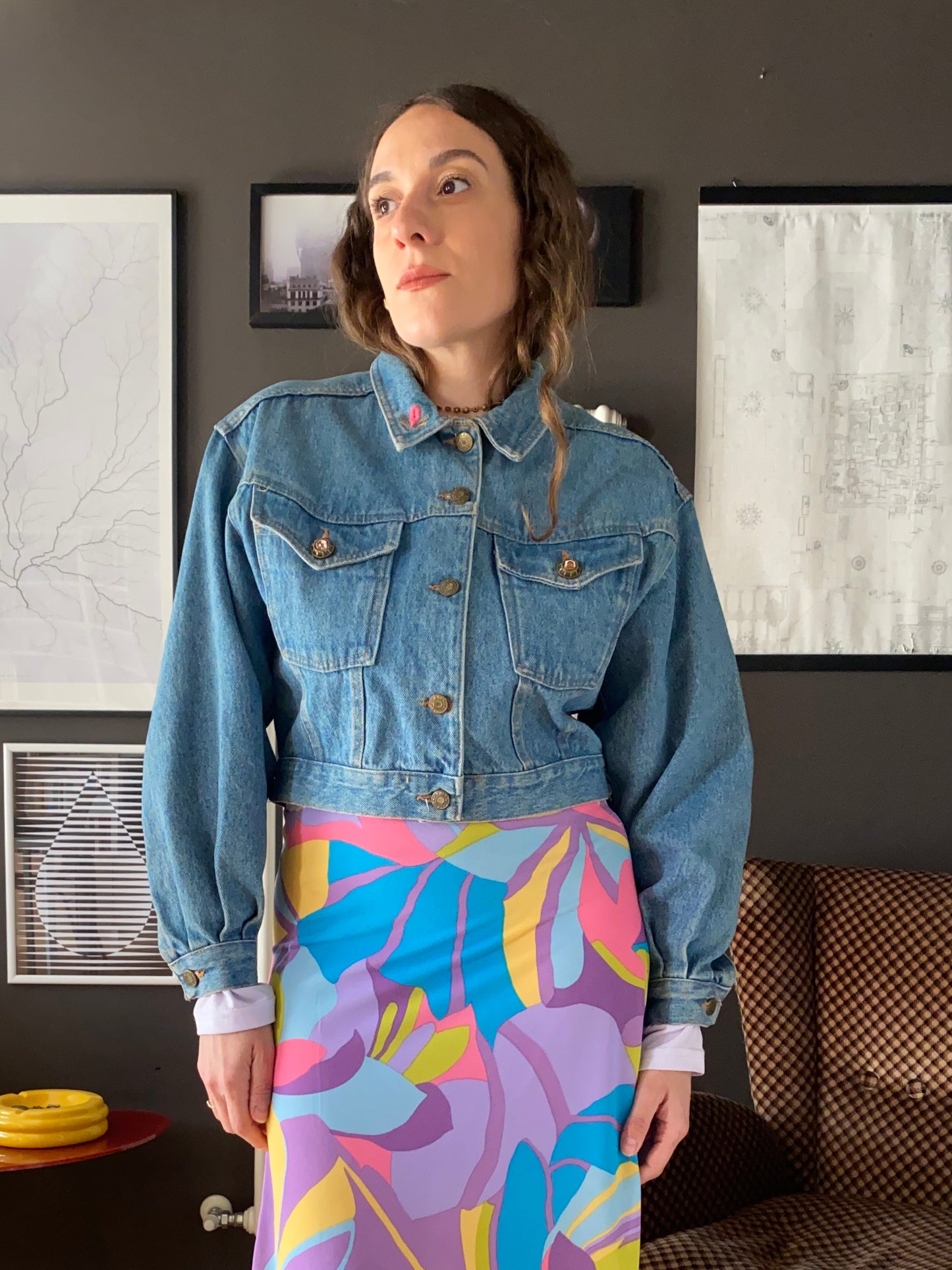 Giacca denim anni 80 crop con ricami