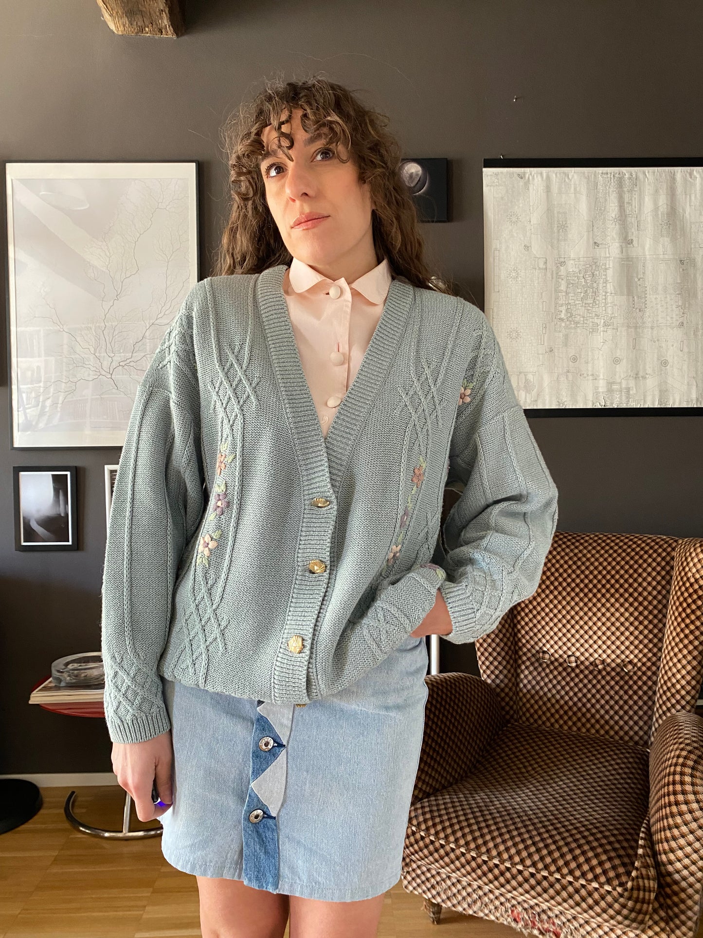 Cardigan vintage in cotone con ricami