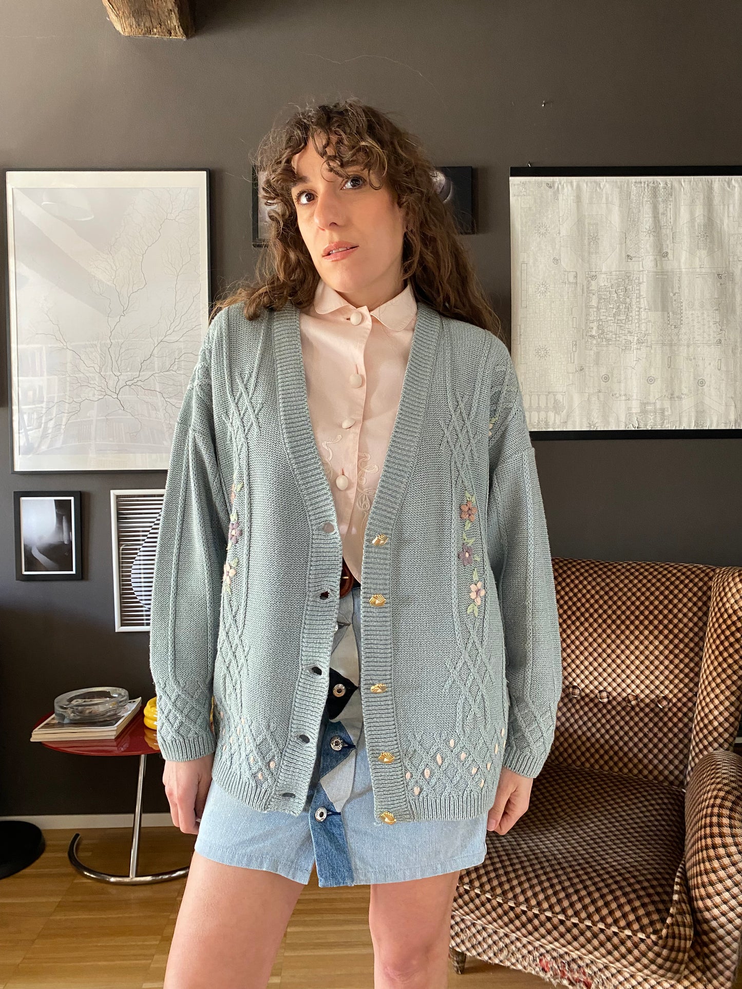 Cardigan vintage in cotone con ricami