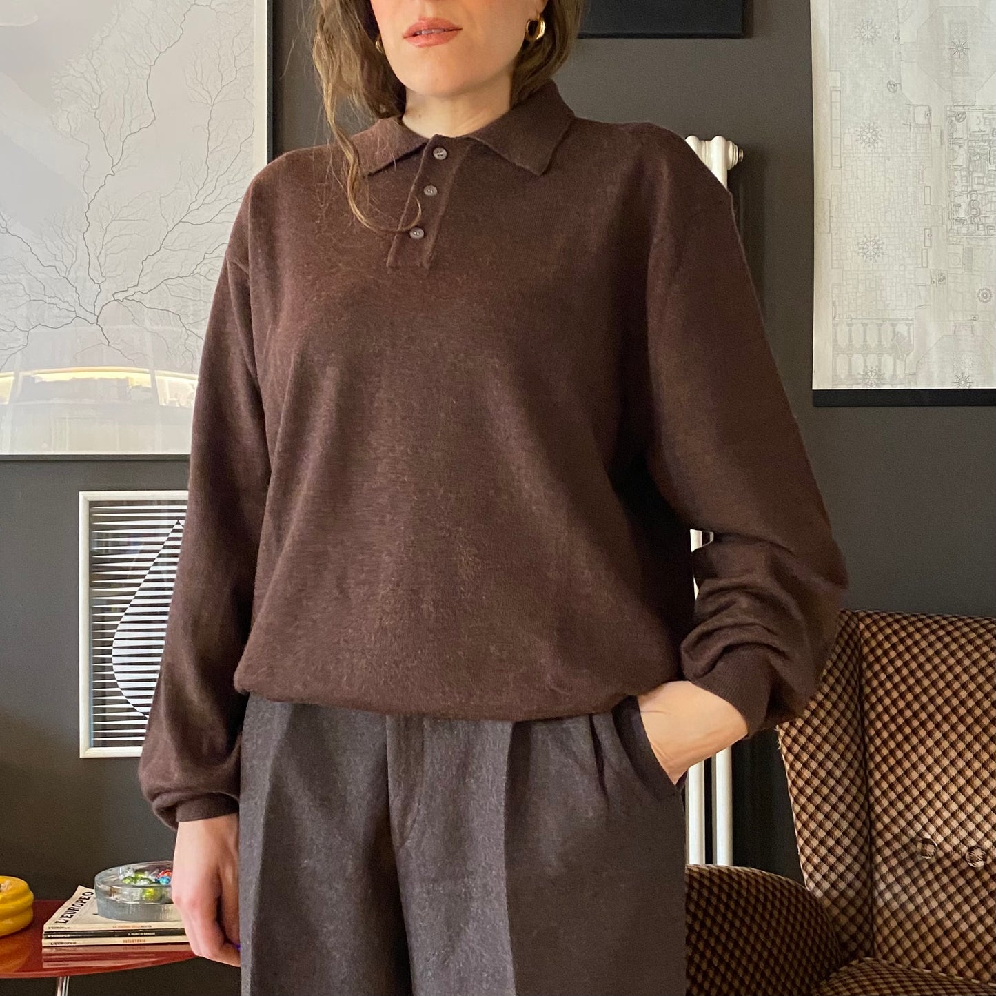 Maglione polo in lana cioccolato