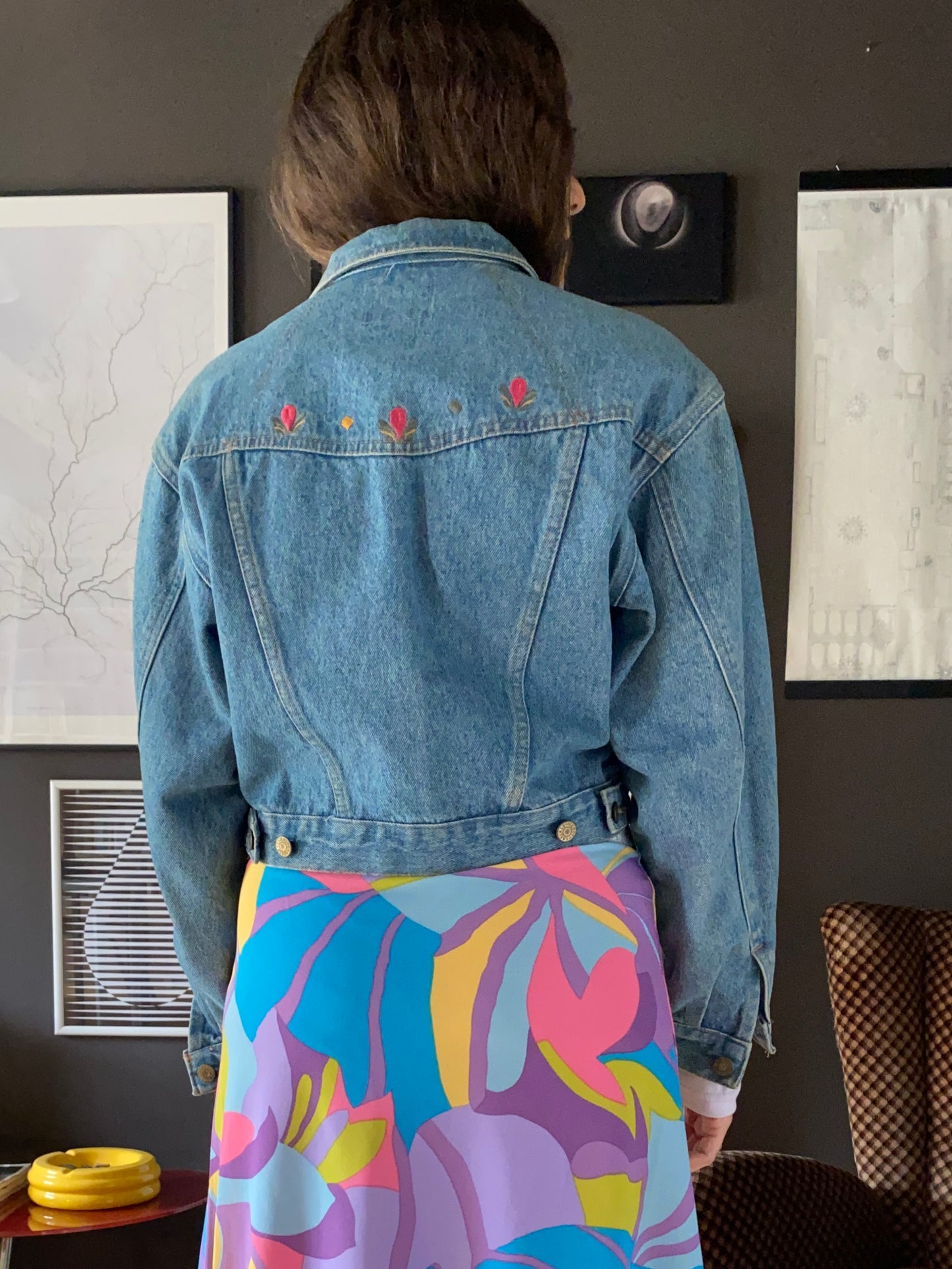 Giacca denim anni 80 crop con ricami