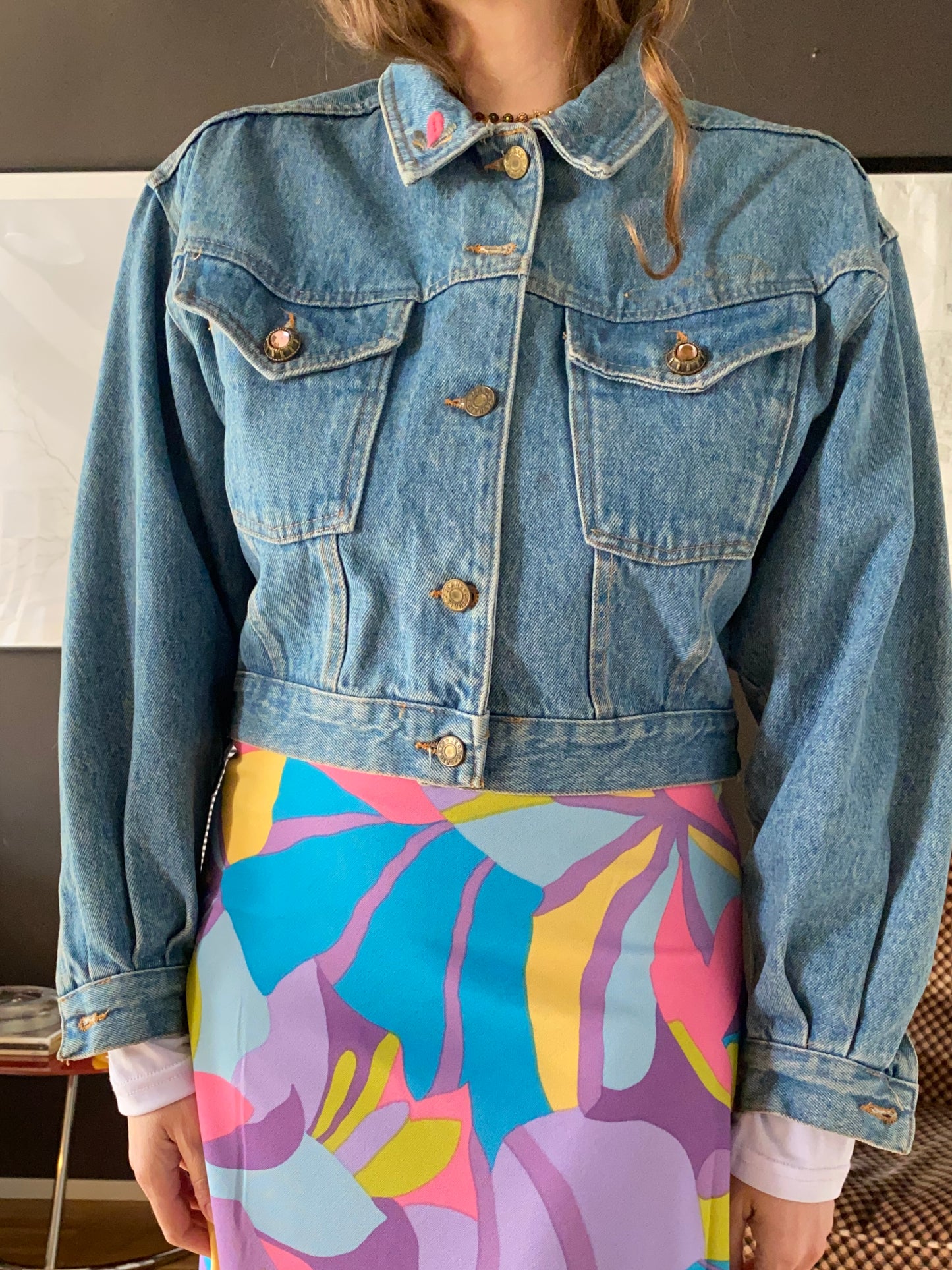 Giacca denim anni 80 crop con ricami