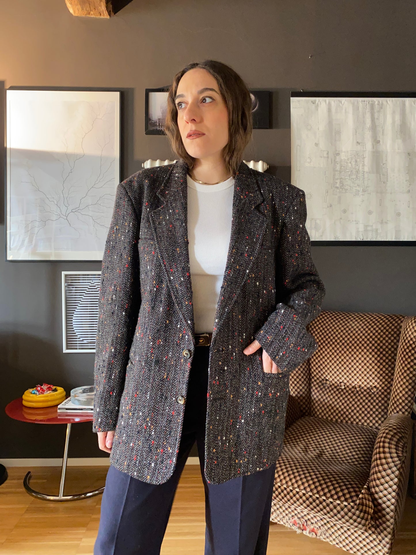 Blazer nero melange rosso/beige