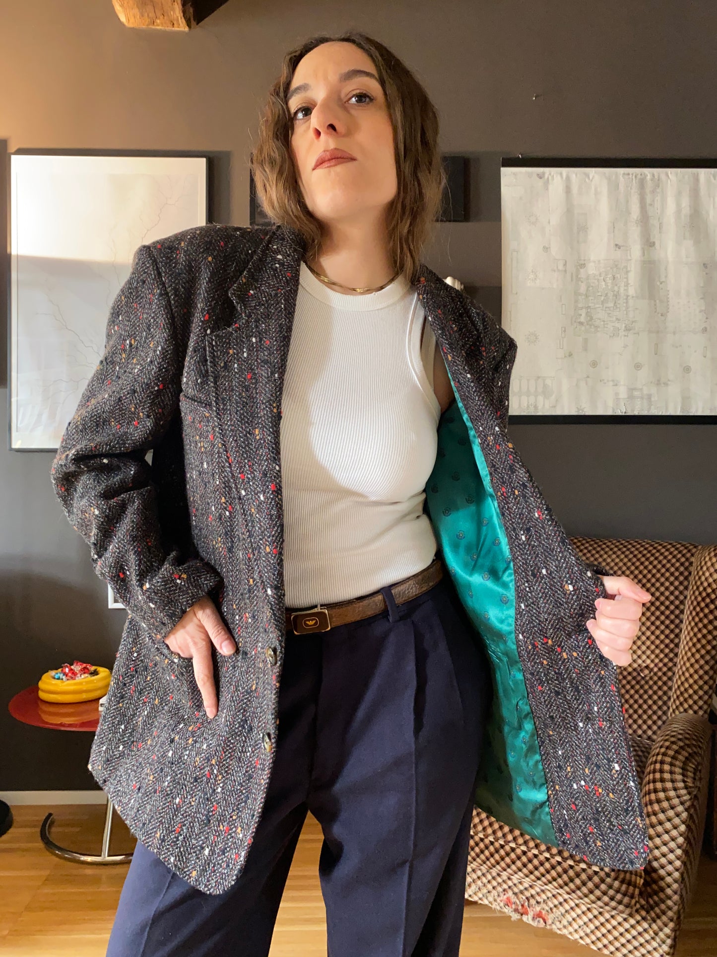 Blazer nero melange rosso/beige