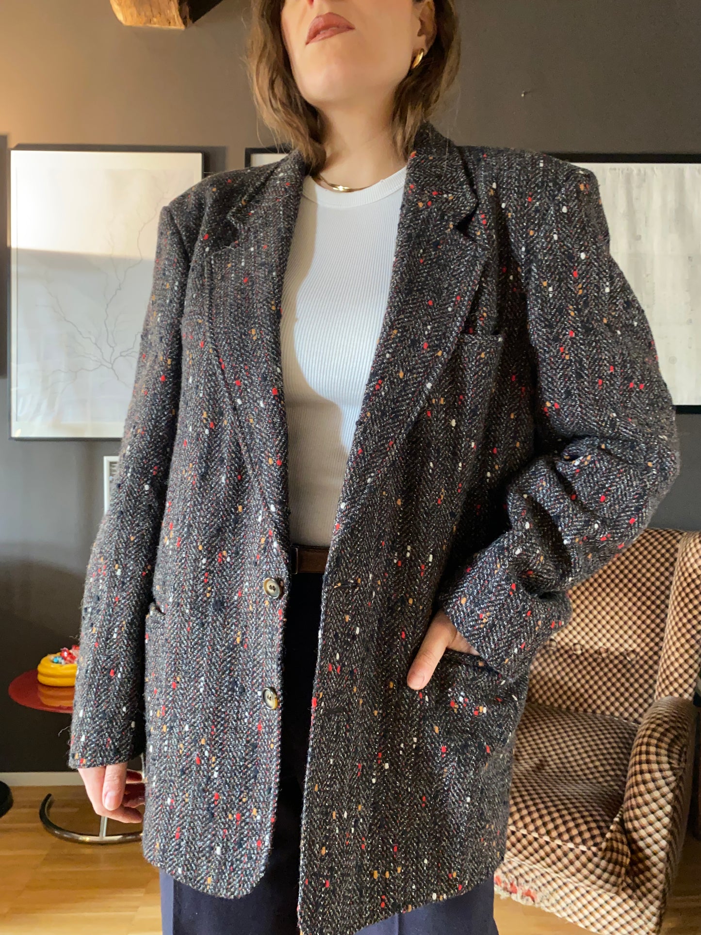 Blazer nero melange rosso/beige