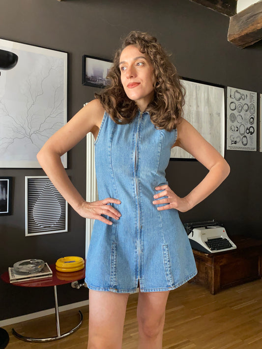 Abito mini smanicato denim con zip