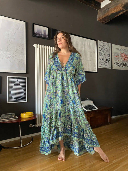 Abito boho in seta azzurro