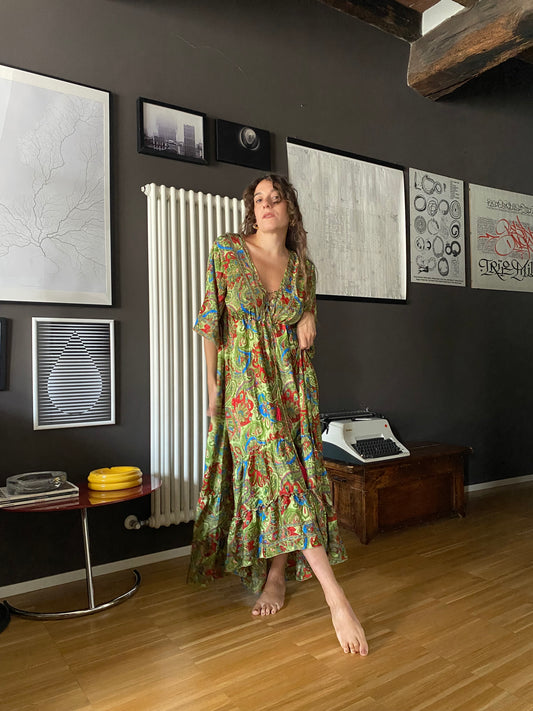 Abito boho in seta verde