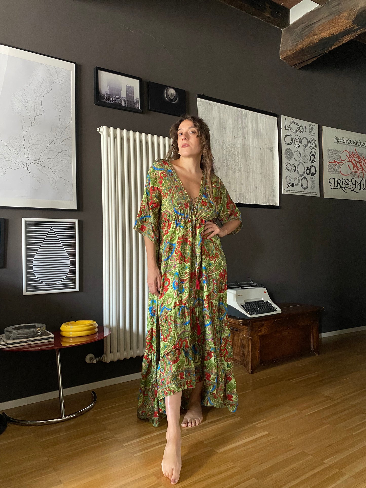 Abito boho in seta verde