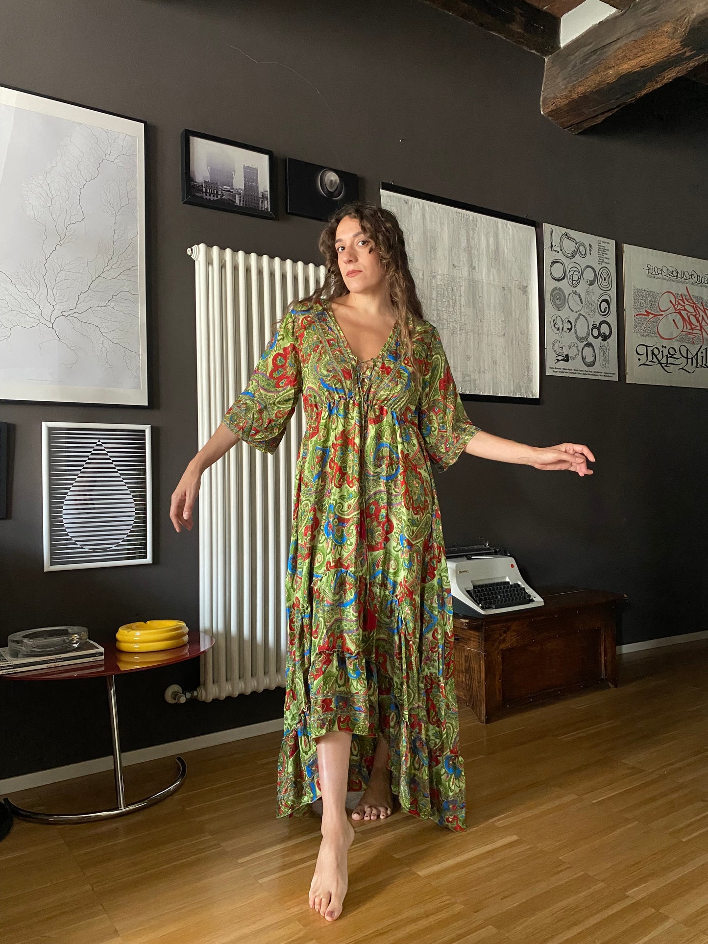 Abito boho in seta verde