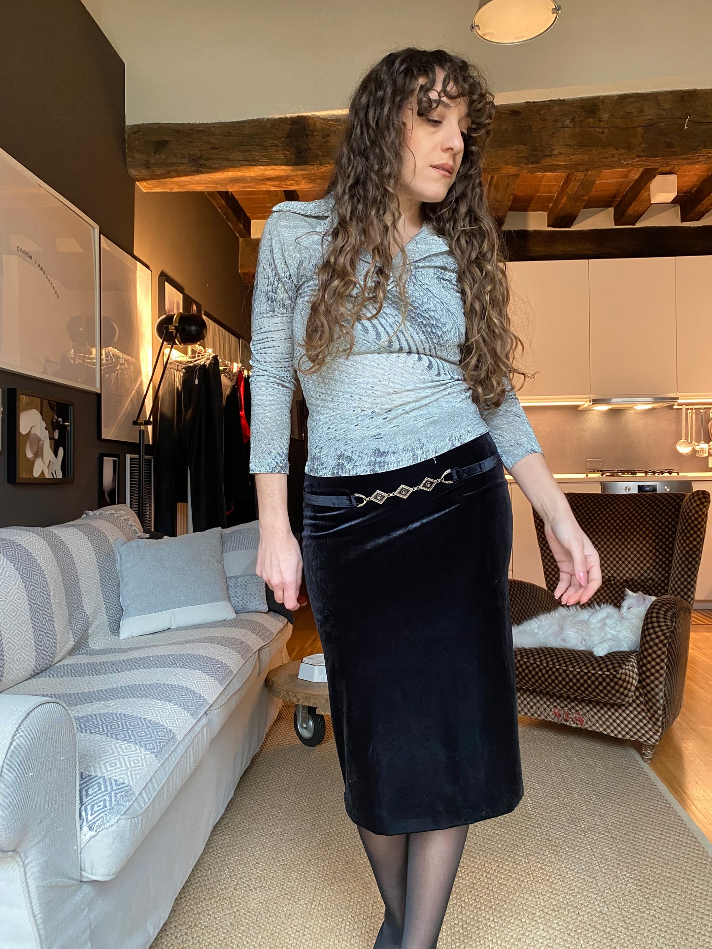 Gonna gioiello midi in velluto