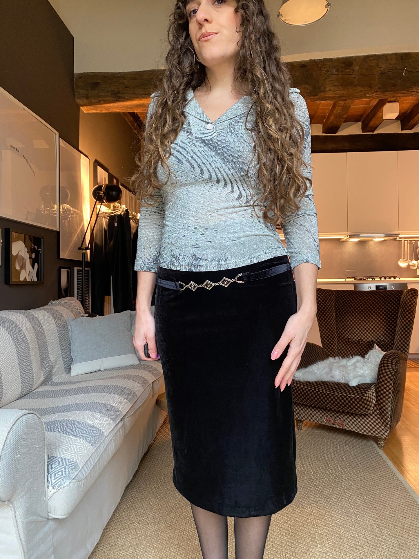 Gonna gioiello midi in velluto