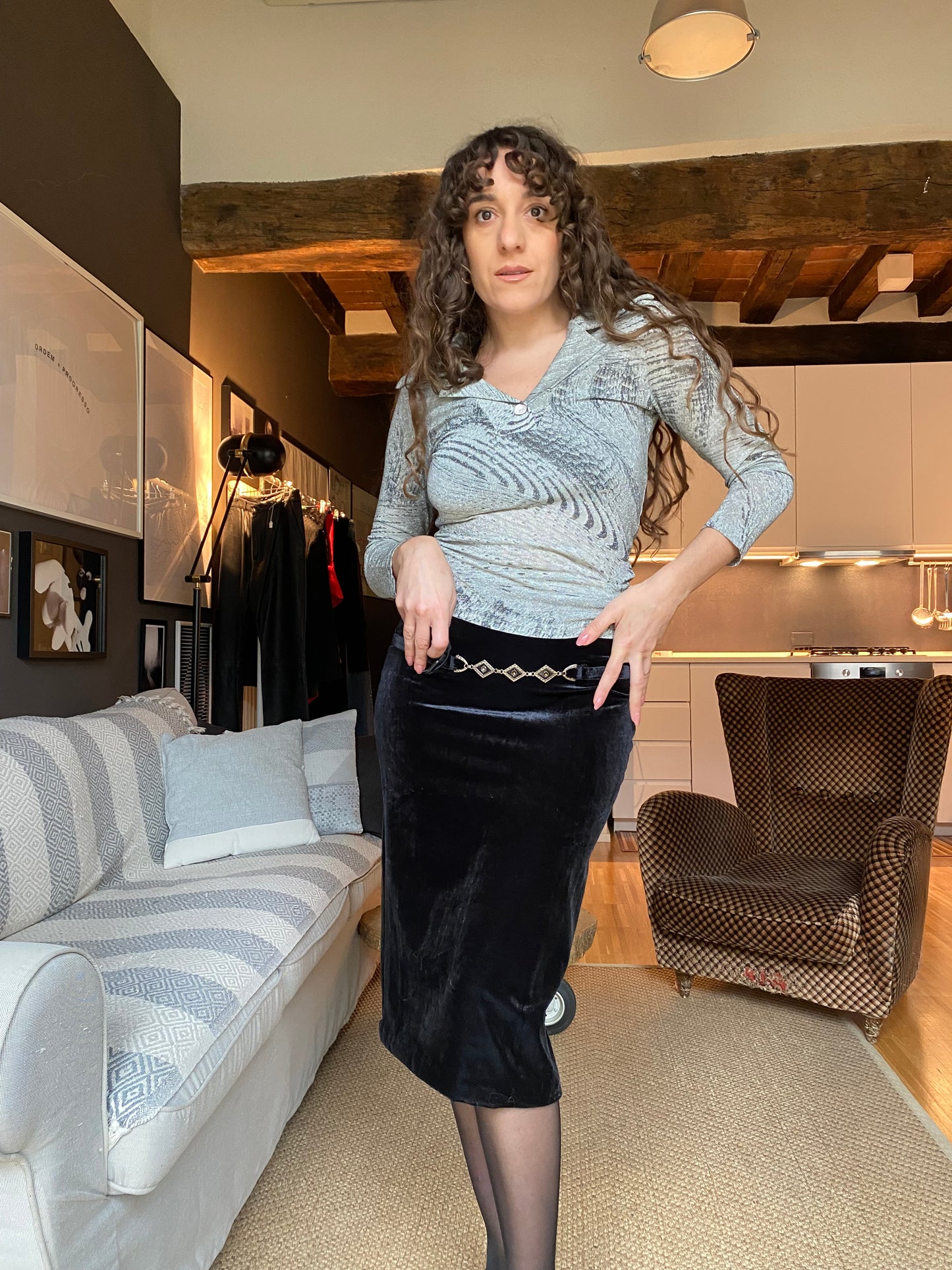 Gonna gioiello midi in velluto