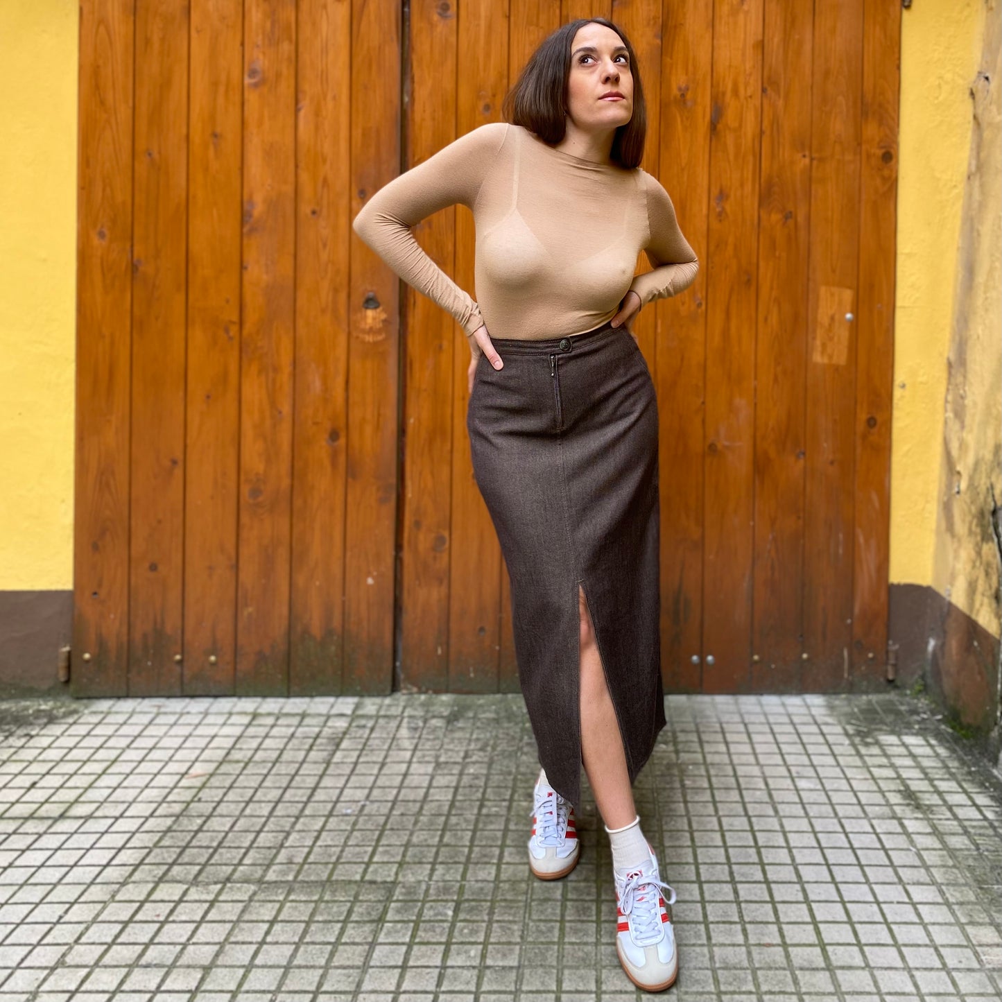 Gonna lunga lana effetto denim