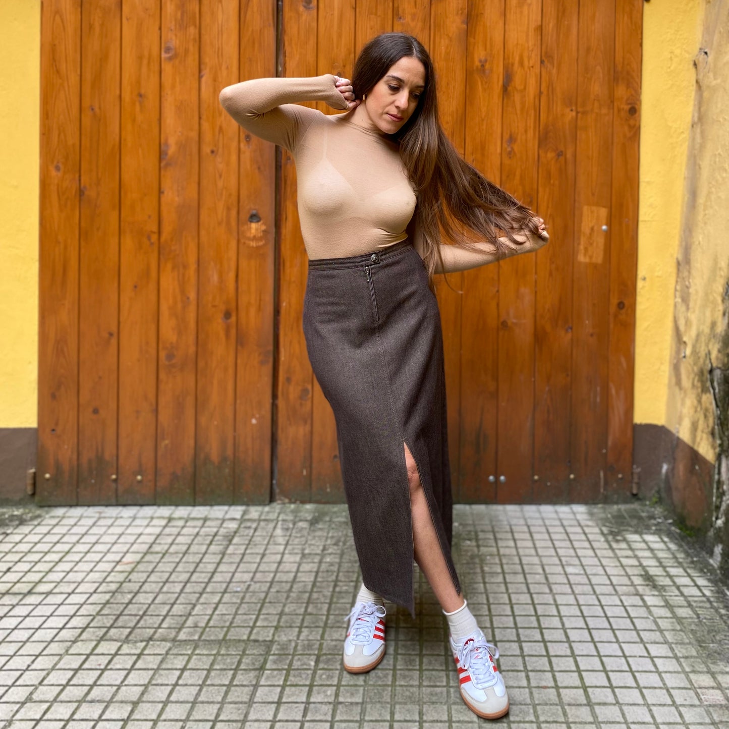 Gonna lunga lana effetto denim